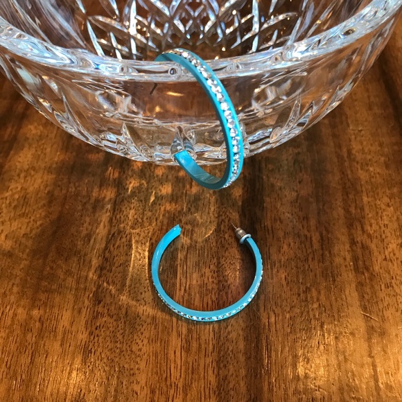 Rhinestone/Baby Blue Hoop Earrings - Picture 7 of 7